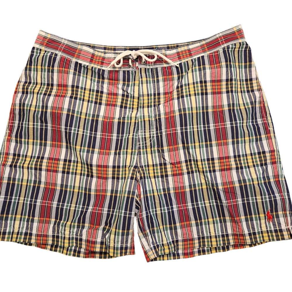 Polo Ralph Lauren Swim Trunks Adult XL  Plaid Lined Board Shorts Red‎ Pony Mens